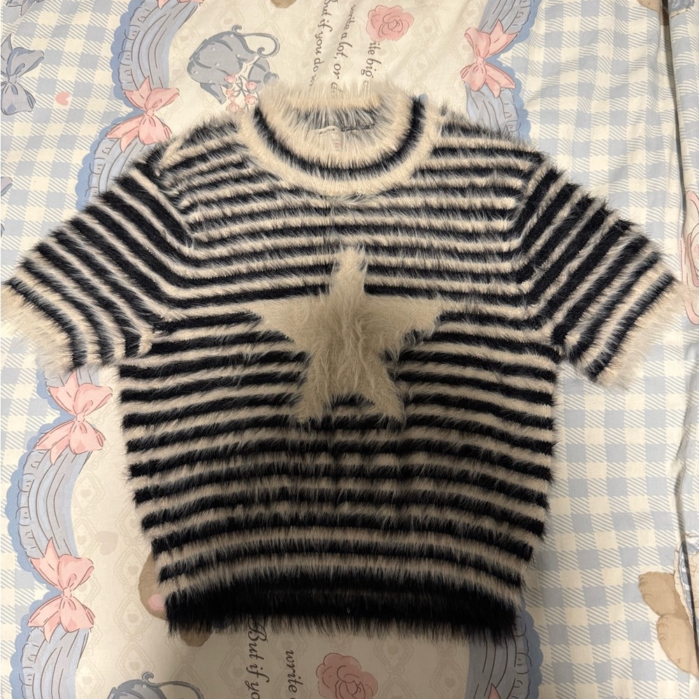 Kimchi Blue Black and Cream Striped Fuzzy Star Crop Top